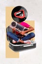 Vertical collage image of person vinyl record instead head hold boom box big mouth singing isolated on creative Royalty Free Stock Photo