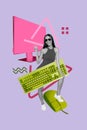 Vertical collage image picture happy joyful woman computer equipment monitor screen digital era devices drawing