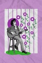 Vertical collage image of positive black white colors girl playing guitar singing drawing flowers isolated on purple Royalty Free Stock Photo