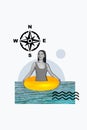 Vertical collage image of positive black white effect girl inflatable ring sea water swim compass isolated on creative