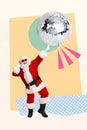 Vertical collage image of positive cheerful mini santa dancing arm finger touch big disco ball isolated on creative