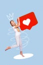 Vertical collage image of positive girl arms hold big like notification painted crown isolated on creative blue