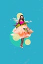 Vertical collage image of positive gorgeous girl rose flower instead dress sky clouds isolated on blue background