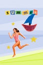 Vertical collage image of positive gorgeous girl run beach plasticine sea stars ship summer text isolated on painted