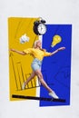 Vertical collage image of positive mini girl run jump big ring bell clock crumpled paper light bulb bright idea