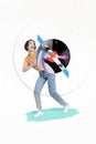 Vertical collage image of positive satisfied girl dancing partying big vinyl record isolated on creative drawing Royalty Free Stock Photo