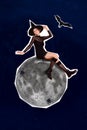 Vertical collage image of pretty gorgeous witch girl sitting full moon flying bat spiders isolated on painted background Royalty Free Stock Photo