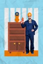 Vertical collage image of professional handyman hold drill stand near drawer isolated on painted background