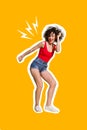 Vertical collage image of satisfied excited girl enjoy dancing partying isolated on painted yellow background Royalty Free Stock Photo