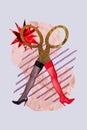 Vertical collage image of scissors black red stockings woman legs high heels isolated on drawing violet background