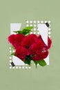 Vertical collage image of torn paper list bouquet fresh flowers isolated on creative painted background