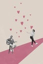 Vertical collage image of two black white effect people sit chair play guitar sing dancing painted heart symbols