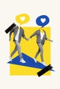 Vertical collage image of two black white gamma people hold arms run like dialogue heart bubble instead head support