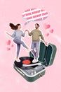 Vertical collage image of two excited mini people hold arms dancing huge vinyl record played say tell mon amour isolated