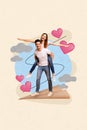 Vertical collage image of two positive cheerful people piggyback arms wings fly painted hearts clouds on