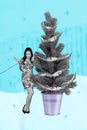 Vertical collage image of unsatisfied black white effect girl hold cable handset phone lean pine new year tree isolated