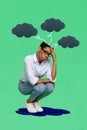 Vertical collage image of unsatisfied tired minded person head clouds brainstorm isolated on painted background Royalty Free Stock Photo