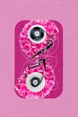 Vertical collage image of vintage video tape cassette pink fresh flowers isolated on creative background