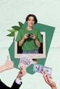 Vertical collage image of young addicted playing cybersport gamer woman hold wireless joystick take profit isolated on