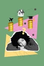 Vertical collage image young dreamy girl think imagine golden coins stack airplane vacation reach coins savings drawing