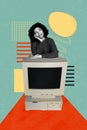 Vertical collage image young dreamy thoughtful woman think imagine fantasize vintage pc monitor screen display drawing