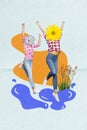 Vertical collage metaphor portrait of two girl spring flowers instead head jumping water puddle isolated on drawing