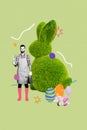 Vertical collage of mini black white colors guy hold water scissors big fluffy grass easter bunny painted eggs flowers Royalty Free Stock Photo