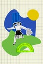 Vertical collage of mini black white effect funky excited girl jumping hold bag big plasticine protractor isolated on