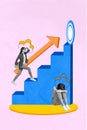 Vertical collage of no inspiration girl crying while another business opponent climb stairs overcome target isolated on