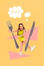 Vertical collage of overjoyed positive little girl dancing have fun big fork knife think eat food isolated on creative Royalty Free Stock Photo