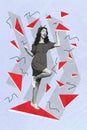 Vertical collage of overjoyed satisfied black white colors girl raise fists accomplishment luck isolated on painted blue