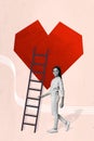 Vertical collage photo of adorable pretty positive black white cheerful girl hold stairs red heart isolated on beige Royalty Free Stock Photo