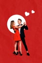 Vertical collage photo of beautiful nice attractive happy couple dancing together on anniversary date isolated on red