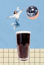 Vertical collage photo of carefree young girl jumping active overjoyed soda cup coca cola disco ball non alcohol drink