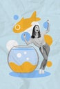 Vertical collage photo design of young woman dance wish domestic pet painted underwater atmosphere goldfish aquarium Royalty Free Stock Photo