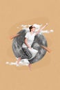 Vertical collage photo picture image artwork poster of happy positive girl enjoy sweet dreams isolated on painting