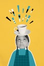 Vertical collage photo small little kid girl waitress deliver coffee cup cafe service energy drink breakfast yellow Royalty Free Stock Photo