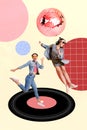 Vertical collage photo of young best friends girls dancing jumping excited stay vinyl retro plate disco ball shine