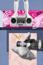 Vertical collage photo of young dissatisfied woman bedtime try to sleep noise neighbor listen loud music boombox party Royalty Free Stock Photo