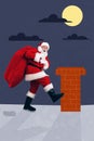 Vertical collage picture of amazed funky grandfather santa walk house roof carry big present bag isolated on creative
