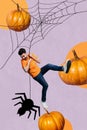 Vertical collage picture of amazed horrified crazy mini guy hold hang big spider web pumpkins isolated on purple