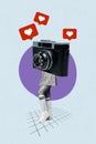 Vertical collage picture artwork of headless surrealism absurd blogging notification likes paparazzi camera isolated on Royalty Free Stock Photo