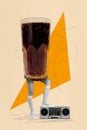 Vertical collage picture of big soda drink glass girl black white gamma legs boombox music isolated on creative beige