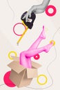 Vertical collage picture of black white colors arm hold measure tape mini pink skinny girl legs inside carton box Royalty Free Stock Photo