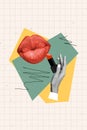 Vertical collage picture of black white colors arm hold red pomade lipstick pouted lips kiss isolated on painted