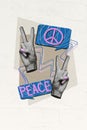 Vertical collage picture of black white colors arms demonstrate v-sign dialogue bubble peace hippie symbol isolated on