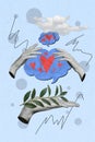 Vertical collage picture of black white colors arms hold plant leaves heart like dialogue bubble clouds isolated on blue