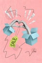 Vertical collage picture of black white colors arms inside open box show heart symbol sale special offer isolated on