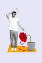 Vertical collage picture of black white colors clueless guy scratch head showing dying withered flower isolated on