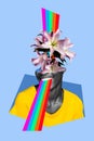 Vertical collage picture of black white colors girl lily flowers head mouth radiate rainbow isolated on blue background